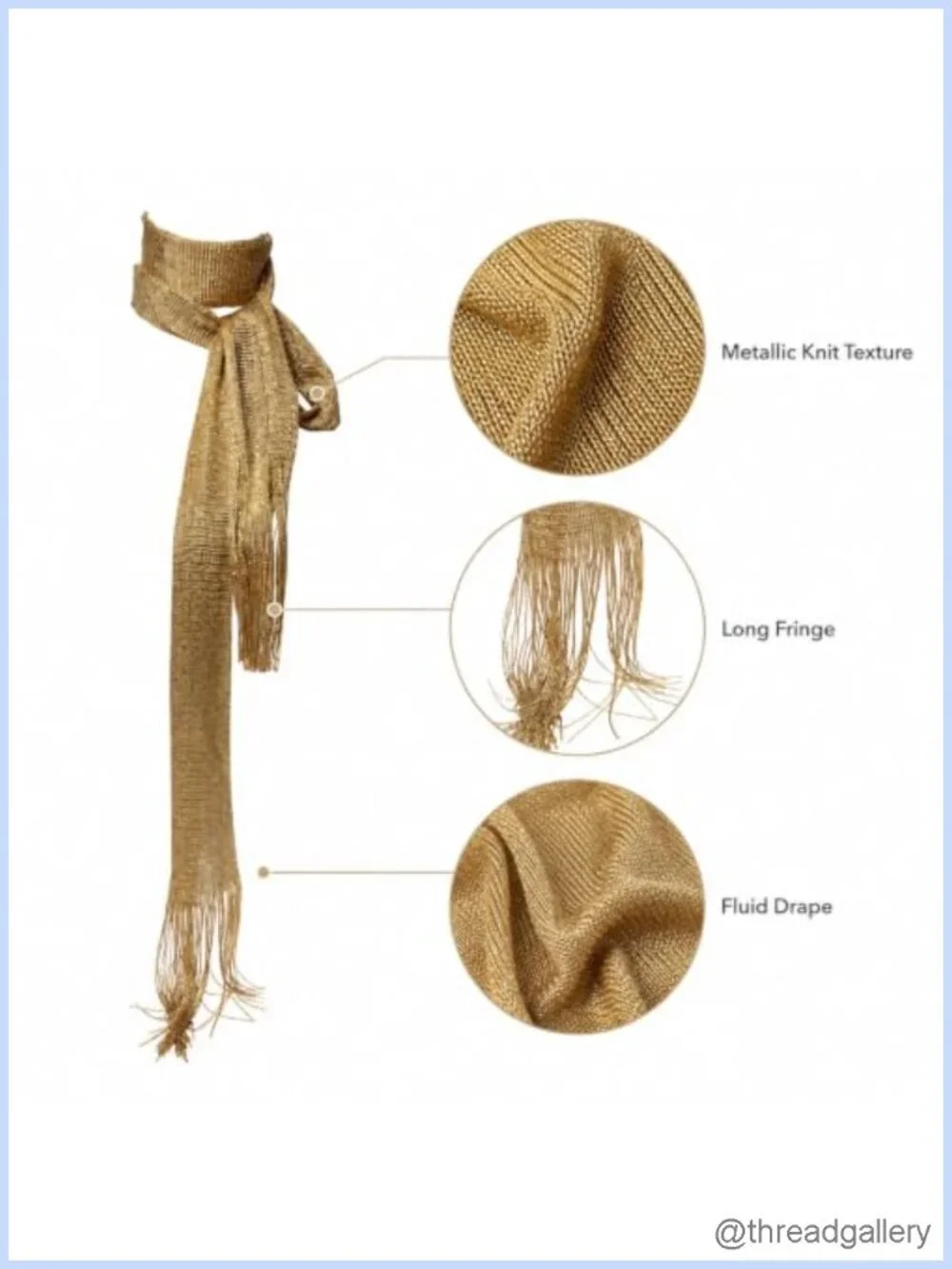 Sequin Fringe Scarf for Women, Skinny Tassel Stole, Gold Accessory